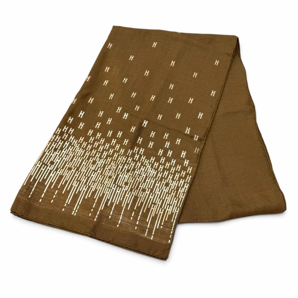 HERMES Silk Cashmere Blend H Logo Shawl Stole/Scarf Brown Gold Made in France...